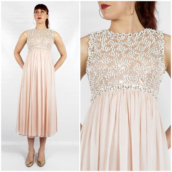 Vintage 60s Pink Silk Chiffon Maxi Dress Beaded Bodice Estelle Allardale | S/M - Picture 1 of 10